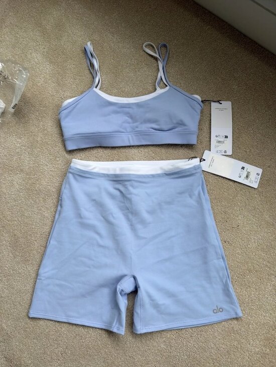 ALO Yoga Pants - Alo Yoga Airbrush Double Up Shorts & Sports Bra Set Light Provence Blue S